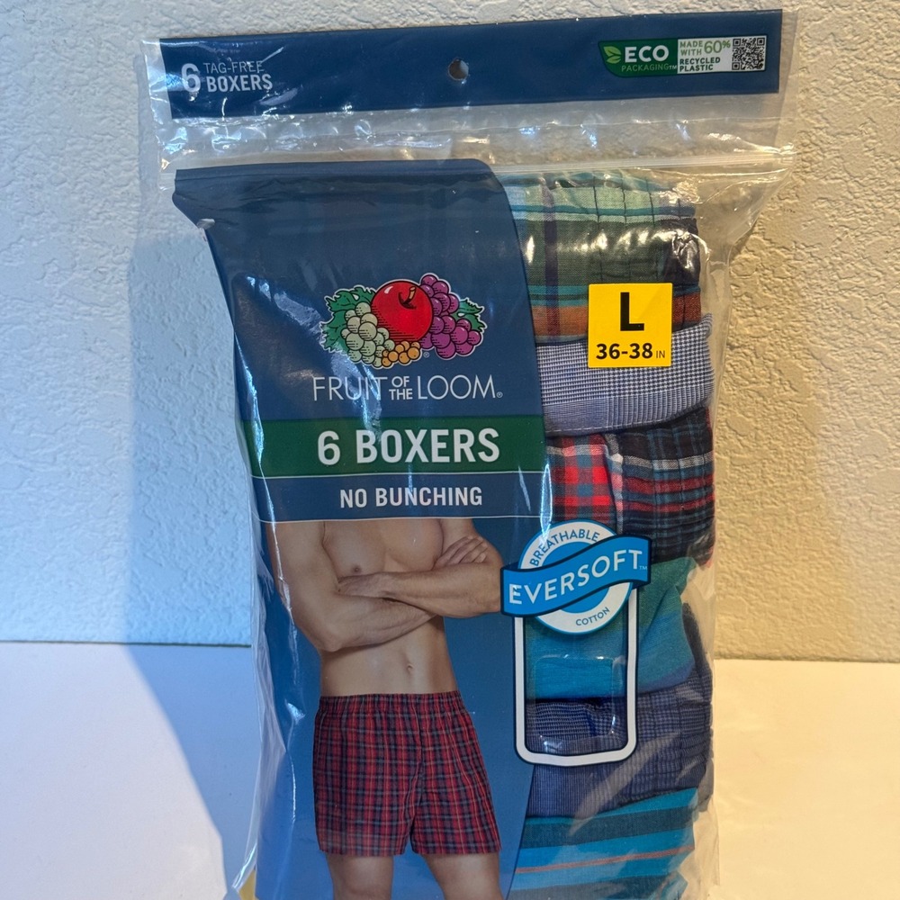 Fruit of the Loom Mens 6 Pack EverSoft Tag-Free Boxers Plaid Assorted Large L
